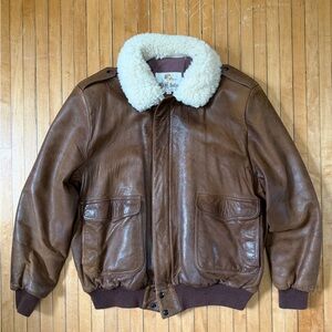 Vintage 1980s H&H Leather Shearling Collar Bomber Jacket Brown USA Men’s Sz. 44